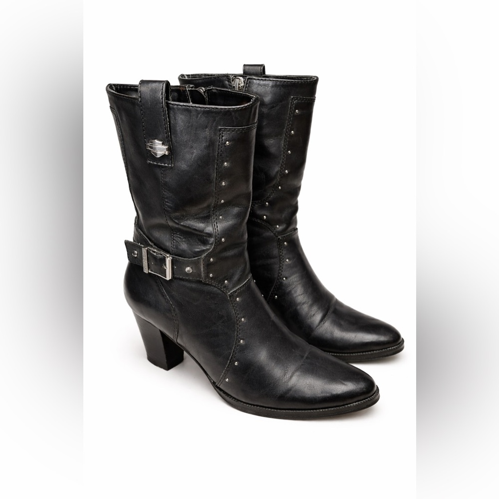 Harley-Davidson Women’s Black Leather Studded Moto Boots Size 7 Buckle Zip